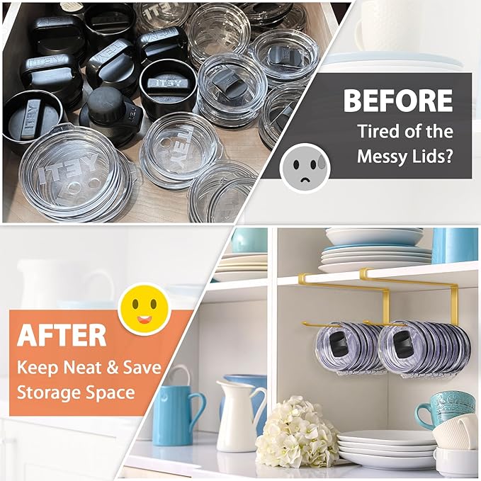 2 Pack Tumbler Lid Organizer, Horizontal Tumbler Lid Storage Hook to Hold Up 20 Lids, Space Saving Cup Lid Holders Under Cabinet Tumbler Lid Hook for Kitchen Organizer, Paper Towel Rack Hanger (Gold)