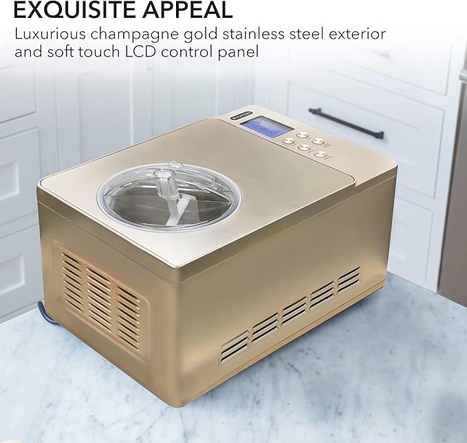Whynter Ice Cream Maker Machine & Yogurt Automatic 2 Qt. with Built-in Compressor, LCD Digital Display & Timer, No Pre-Freezing, ICM-220CGY, Champagne Gold