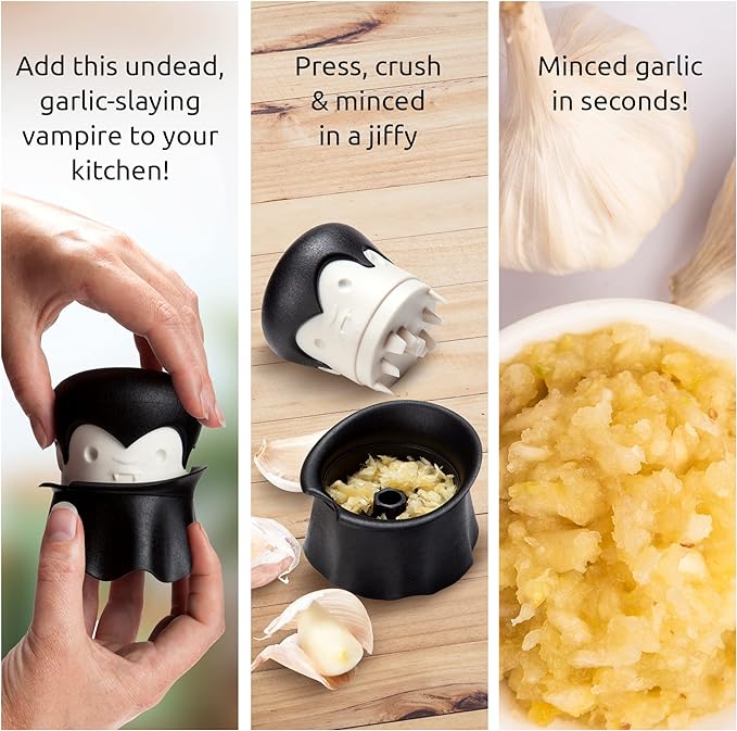 OTOTO Gracula Garlic Crusher, Garlic Mincer, Also for Ginger, Nuts, Chili, Herbs - Twist Top Mincer & Easy Squeeze Manual Press Peeler, Goth Gifts