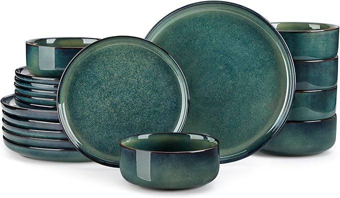 vancasso Starry 18 Pieces Dinnerware Sets for 6, Green Reactive Glaze Dishes Sets, Ceramic Plates and Bowls Set, Dinner Salad Dessert Plates, and Cereal Bowls Set, Dishwasher and Microwave Safe