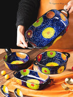 Vintage Style Pottery Bakeware Colorful Daisy Pattern Ceramic Casserole Dish Baking Pan Lasagna Pans Baking Dish with Handles from Oven to Table Plate-1 PCS, 20 OZ