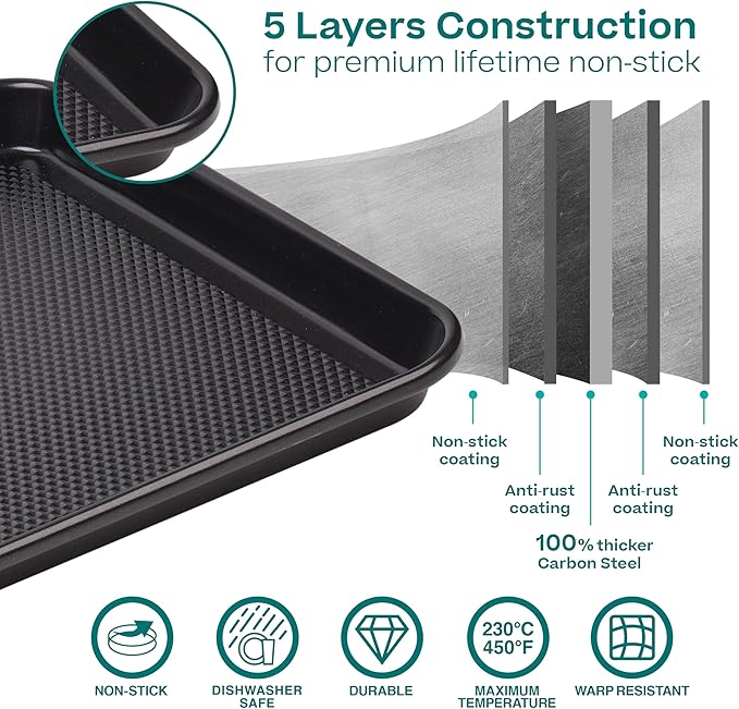 Baker's Secret Baking Sheet Pan Set, 3x Cookie Sheets for Oven, Diamond Texture Premium Air Flow Circulation, Set of 3 Baking Trays, Extra Thick 0.6mm with Diamond Base PFOA, PFOS, PTFE and PFAS free