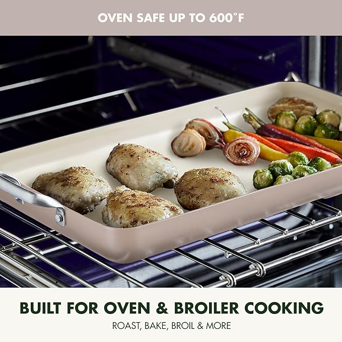 GreenPan 18" x 11" Double Burner Griddle Pan, Hard Anodized Healthy Ceramic Nonstick PFAS-Free, Stainless Steel Handles, Stovetop Cooking, Dishwasher Safe, Oven & Broiler Safe Cookware, Taupe