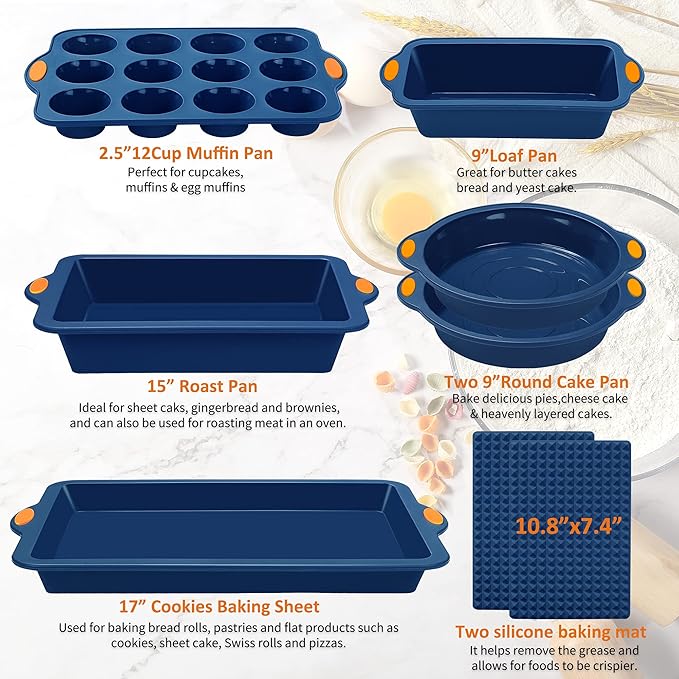 To encounter 8 in 1 Silicone Baking Set - 6 Cake Molds - 2 Silicone Baking Mat, Nonstick Cookie Sheet, Cake Muffin Bread Pan with Grips and Metal Reinforced Frame More Strength, Navy Blue