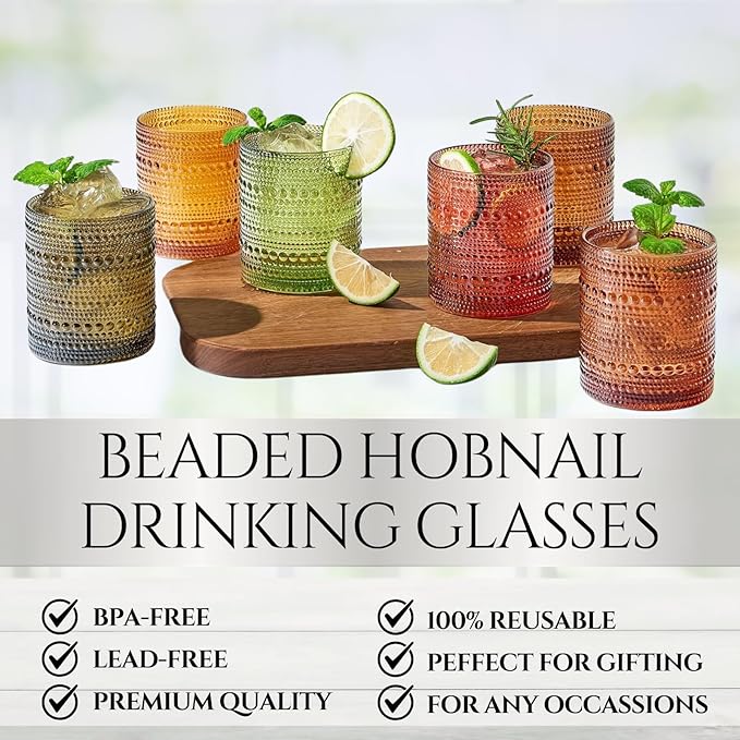 Hobnail Beaded Highball Drinking Tumbler Glasses | Set of 6 | Color, Vintage Bubble Design Whiskey Glassware, Old-Fashioned, Embossed Design for Water, Wine, Cocktail Embossed Heavy Glas, Rocks Glass