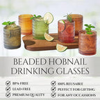 Hobnail Beaded Highball Drinking Tumbler Glasses | Set of 6 | Color, Vintage Bubble Design Whiskey Glassware, Old-Fashioned, Embossed Design for Water, Wine, Cocktail Embossed Heavy Glas, Rocks Glass