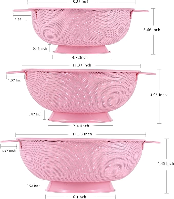 Stainless Steel Colander 3 Piece,Metal Strainer Basket with Solid Base and Handles for Kitchen Food,Pasta, Noodles, Vegetables and Fruits,Powder Coated,BPA Free,Dishwasher Safe,2 & 3 & 4.5 Qt (Pink)