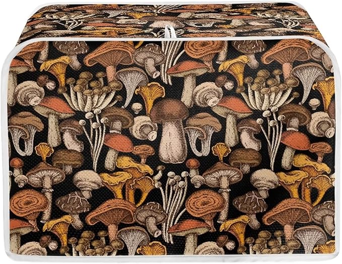 JEOCODY Mushroom Print Toaster Cover for 2 Slice Wide Slot Bread Maker - Small Appliance Dust Protection With Handle for Kitchen, Washable