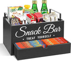 Snack Organizer for Countertop, Wood Pantry Storage Bins with Handles, Snack Bar Organizer for Kitchen, Office, 4 Compartment Food Container Snack Box with Drawer, Pantry Organizer for Chips, Candy