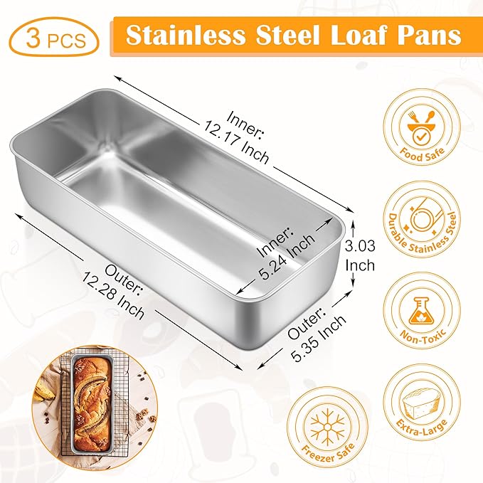 E-far Loaf Pan for Homemade Bread-3 Pack, 12” x 5” Large Stainless Steel Loaf Pans, Long Metal Bread Baking Mold for Banana Cake Meatloaf Sourdough Lasagna, Nontoxic & Dishwasher Safe