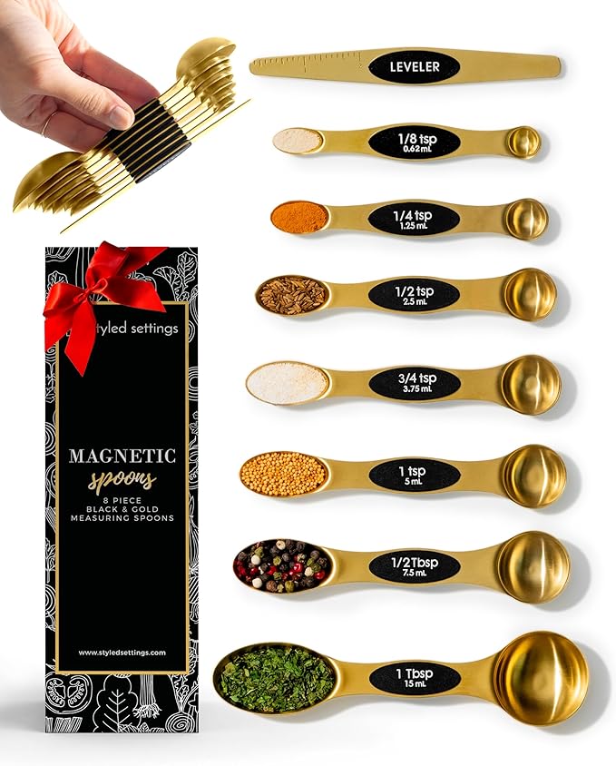 Magnetic Measuring Spoons Set – Stainless Steel Gold Measuring Spoons for Cooking and Baking – Cute and Durable Gold Kitchen Accessories - Great for Gifting