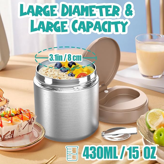 Thermo for Hot Food Kids - 15.2 Oz, Insulated Food Jar for Soup, Width Mouth Stainless Steel Insulated Lunch Container with Folding Spoon, Stainless Steel