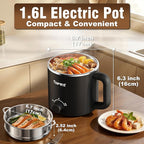 Topwit Hot Pot Electric with Steamer, 1.6L Ramen Cooker, Electric Pot for Pasta, Shabu-Shabu, Oatmeal, Soup and Egg, Portable Cooker with Dual Power Control, Dorm Room Essentials, Black