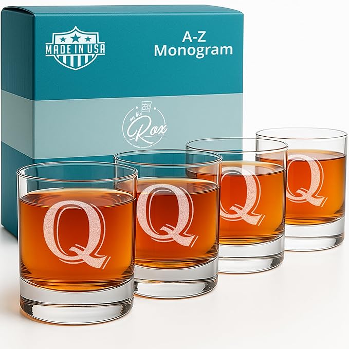 Monogrammed Gifts for Men - 4PC 11 Oz Custom Whiskey Glasses (Q-Monogram) - Engraved Whiskey Glasses - Personalized Whiskey Glasses - Unique Bourbon Glasses - Personalized Glass Gifts for Dad