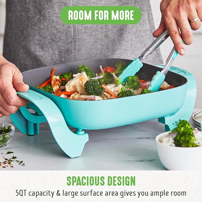 GreenLife 12" 5QT Square Electric Skillet, Glass Vented Lid, Ceramic PFAS-Free Nonstick Interior, Adjustable Temperature Control, Cool Touch Handles, Quick Even Heating, Scratch Resistant, Turquoise