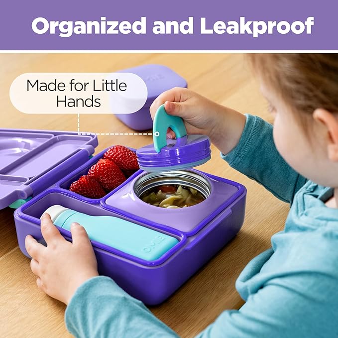 OmieBox Bento Box for Kids - Insulated Bento Lunch Box with Leak Proof Vacuum Insulated Food Jar - 3 Compartments, Two Temperature Zones (Purple Plum)