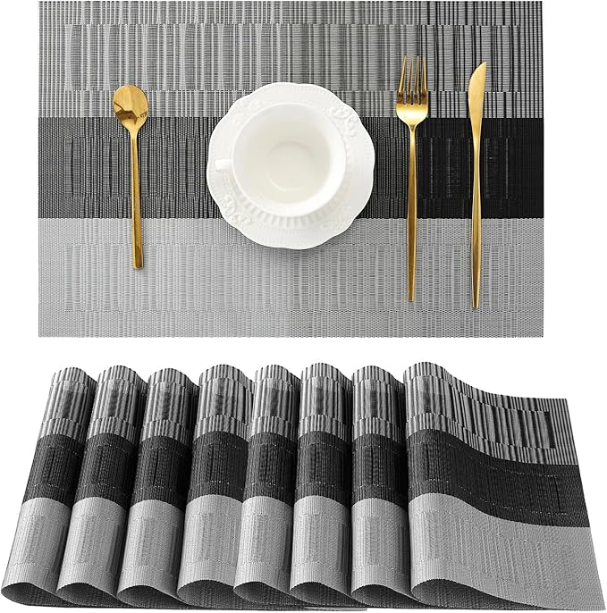 Leetaltree Grey with White Striped Placemats Set of 8 - Heat Resistant Non-Slip Place mats for Dining Table, Washable Durable PVC Vinyl Woven Table Mats（Grey Stripe, 8）