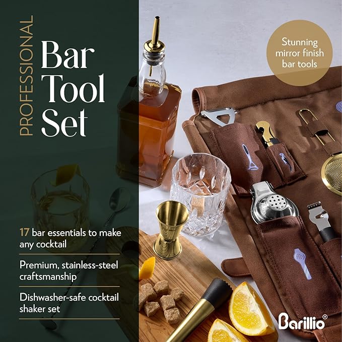 Barillio Bartender Kit Bag with Gold Cocktail Shaker Set - Waxed Canvas, Traveling Bar Tools Bag with 17-Pc Cocktail Kit - Travel Mixology Bartending Kits - Mobile Bar Roll with Strap & Accessories