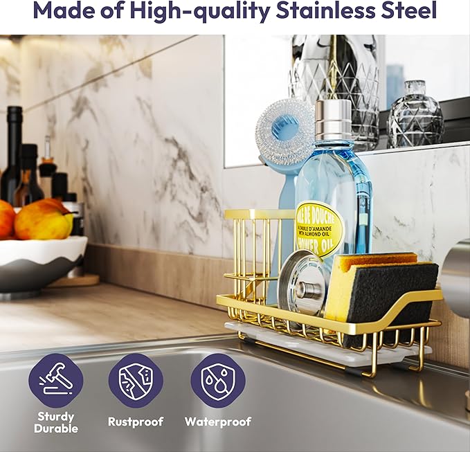 SWTYMIKI Sink Caddy Kitchen Sink Organizer with Detachable Brush Holder, Stainless Steel Sponge Holder with Removable Drip Tray Sponge Caddy for Kitchen Countertop, Gold