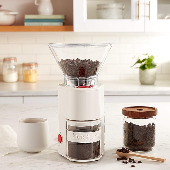 Bodum Bistro Electric Conical Burr Coffee Grinder, Preset Timer, 12 Grind Settings, White