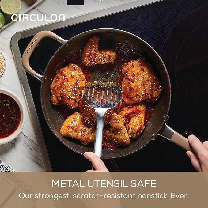 Circulon A1 Series with ScratchDefense Technology Nonstick Induction Pots and Pans, Metal Utensil Safe, Includes Splatter Guard, Slotted Turner and Silicone Trivets, 10 Piece Cookware Set - Champagne