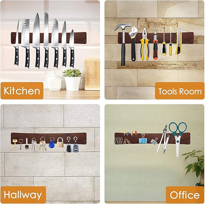 HOSHANHO Magnetic Knife Strips, Magnetic Knife Holder for Wall 16 Inch, Acacia Wood Knife Magnetic Strip Use as Knife Bar, Knife Holder for Kitchen Utensil Organizer