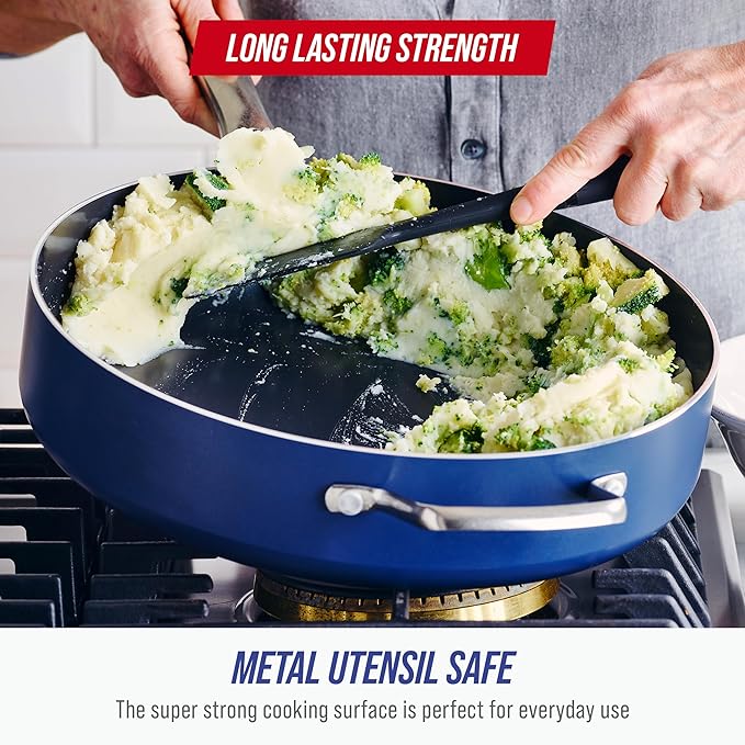 Blue Diamond 5QT Saute Pan with Lid, Non Toxic PFAS-Free Diamond Ceramic Nonstick, Dishwasher & Oven Safe, Metal Utensil Safe, Deep Jumbo Cooker Skillet with Helper Handle, Glass Lid, Blue