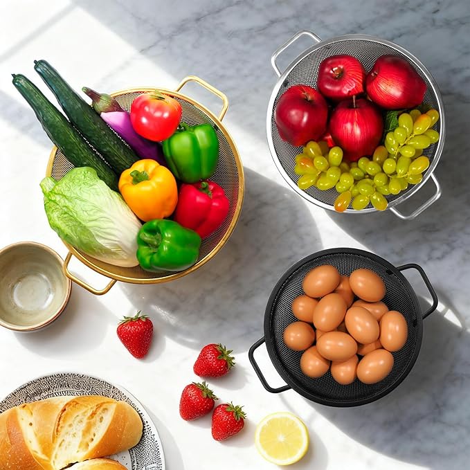 3PCS Three Colors Mix Colander Set, 3QT Black & 4QT Silver & 5QT Gold, Stainless Steel Pasta Strainer with Handle for Prepping Washing Draining Storing Food, Dishwasher Safe