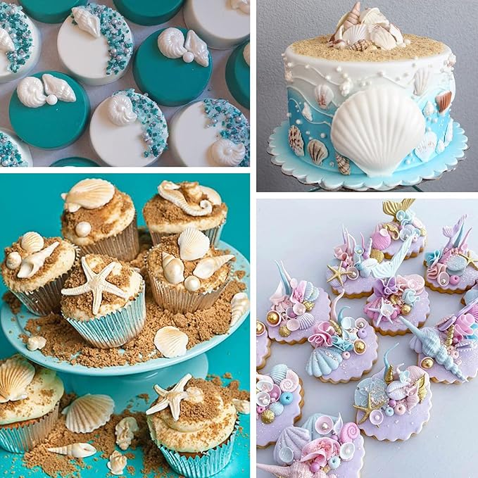 Sakolla Marine Theme Fondant Molds, 4 PCS Seashell Conch Starfish Baking Silicone Molds for Cake Decoration Chocolate Soap Crafting