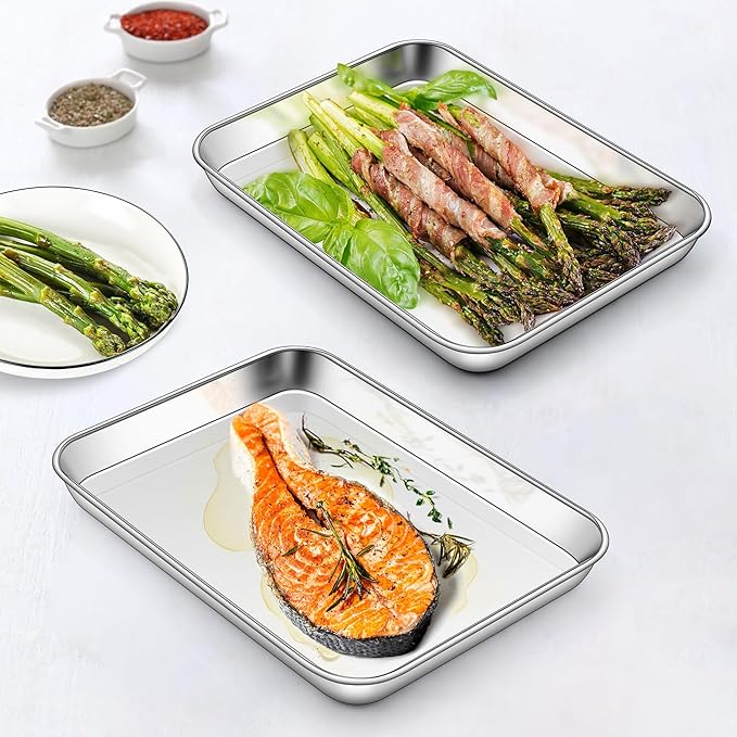 Homikit 2 Pack Baking Sheet, 9 x 7 Inches Stainless Steel Cookie Tray Set for Cooking Toasting, Mini Metal Cookie Toaster Oven Baking Pan Non Stick, Rustproof & Mirror Finish, Dishwasher Safe