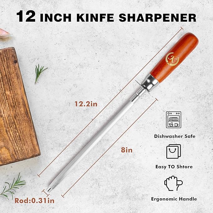 Knife Sharpener Rod, Kitchen Knives Sharpener Carbon Steel Professional Knife Sharpening Steel, Honing Rod with Hanging Holes (13 inches), K