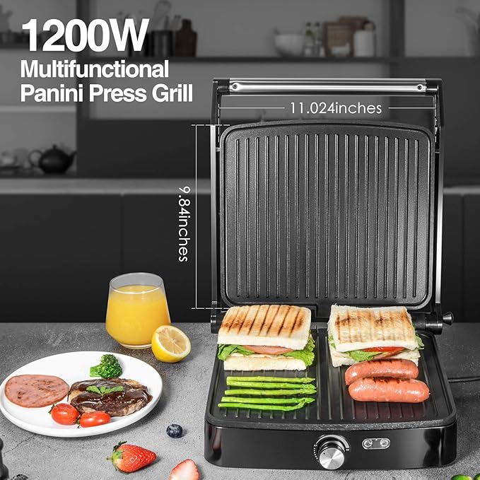 OSTBA Panini Press Grill with Adjustable Temperature, 4-Slice Indoor Grill, 180° Open Sandwich Maker with Drip Tray, Non-Stick Plates, Stainless Steel, 1200W
