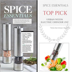 Electric Salt and Pepper Grinder - Single Battery Operated Stainless Steel Salt or Pepper Mill with Light - Automatic One Handed Operation with Adjustable Ceramic Grinder