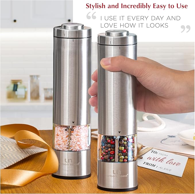 Electric Salt and Pepper Grinder Set - Battery Operated Stainless Steel Mill with Light (2 Mills) - Automatic One Handed Operation - Electronic Adjustable Shakers - Ceramic Grinders