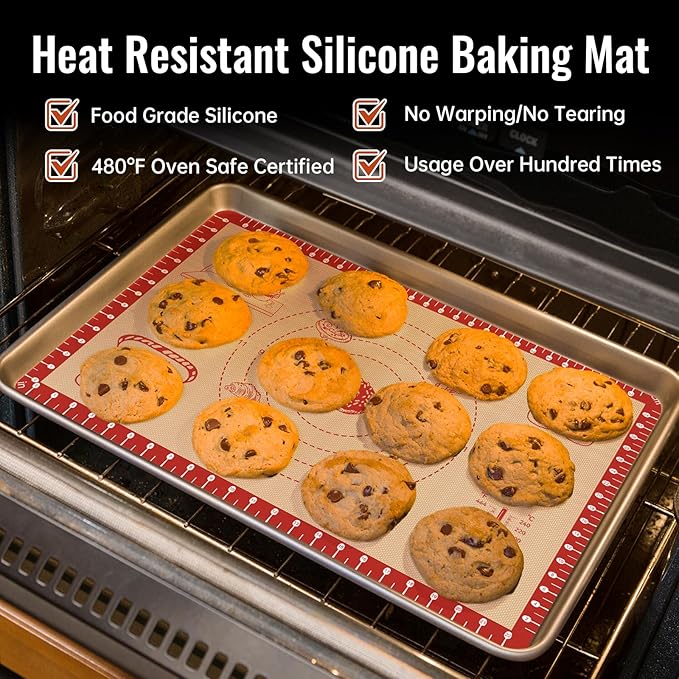 Silicone Baking Mat with Recipes, Extra Thick Silicone Mats for Baking, Non Stick Pastry Mat for Rolling Dough, Silicone Macaron Baking Mat for Cookie,Bread,Pizza,Fondant Mat, Oven&Dishwasher Safe