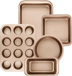 Nonstick Baking Pans Set, 5-Piece Kitchen Baking Sheets for Oven, Bakeware Sets with Round/Square Cake Pan, Muffin Pan, Loaf Pan, Roast Pan, mobzio Cookie Sheet Set Baking Supplies (Champagne Gold)