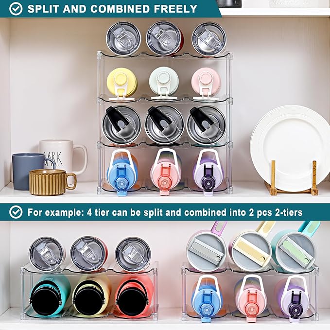 LARGER Compartment - Stackable Water Bottle Organizer Holder - for Stanley & Others' Large Tumbler - Clear Wine Rack, Cup Bottle Holder for Cabinet Home Countertop Fridge Pantry Shelf, 4 Tier Hold 12