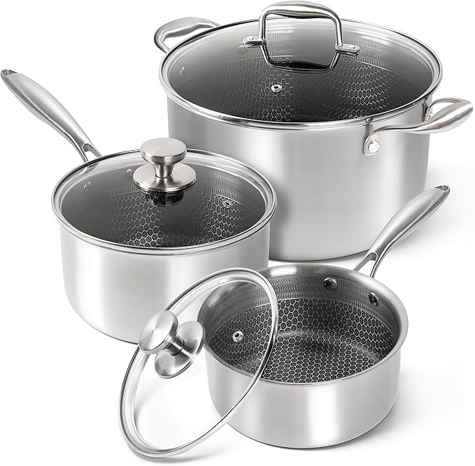 MICHELANGELO 6 Pcs Tri-ply Stainless Steel Pot Set, 2QT & 3QT & 8QT Pot with Lids, Nonstick HoneyComb Interior Cooking Pot Set, Compatible with All Cooktops, Oven & Dishwasher Safe