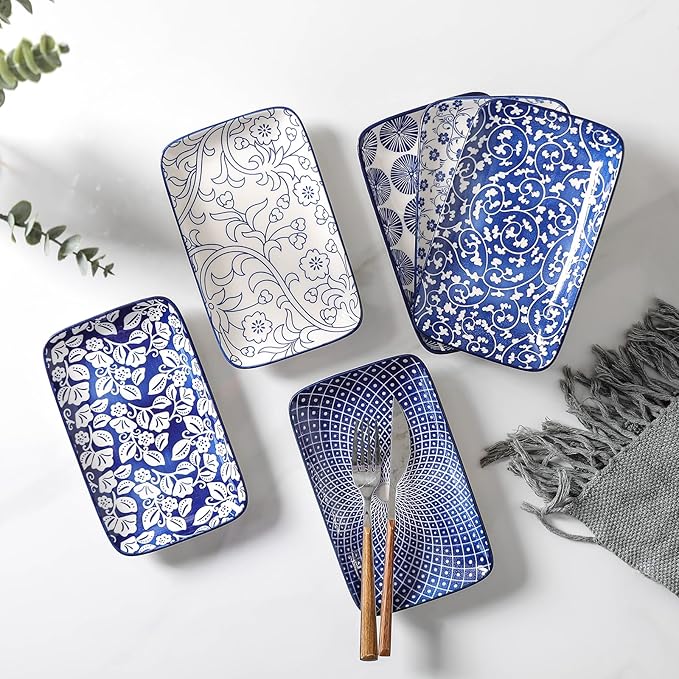 Selamica Ceramic Rectangular Salad Plates Set of 4, 8 Inch Small Serving Plates for Appetizers, Sushi, Fruit, Vintage Blue