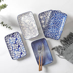 Selamica Ceramic Rectangular Salad Plates Set, Dinner Plate 9.4 Inch Dessert Plates for Party Entertaining, Small Serving Plates for Appetizers, Sushi, Fruit, Set of 4, Vintage Blue