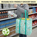BALEINE 4 PK Grocery Bags Reusable Shopping Bags with Reinforced Bottom, Heavy Duty Foldable Tote Bags (Spring Stroll)