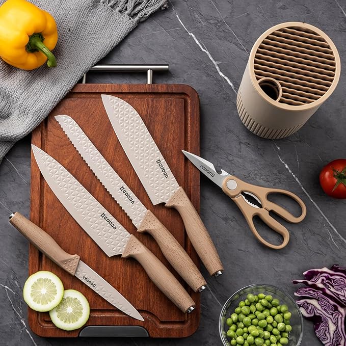 GOODA Kitchen Knife Set With Block,6-Piece Professional Chef Cooking Knives Set For Kitchen,Non-Stick Stainless Steel Knife Block Set