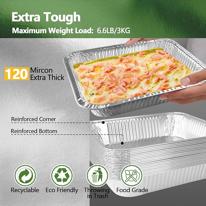 Thickened 30 Pack Heavy Duty Aluminum Pans, 9x13 Aluminum Foil Pans Disposable, Half Size Steam Table Foil Baking Tray for Cooking, Baking, Roasting & Chafing, Carton Packaging