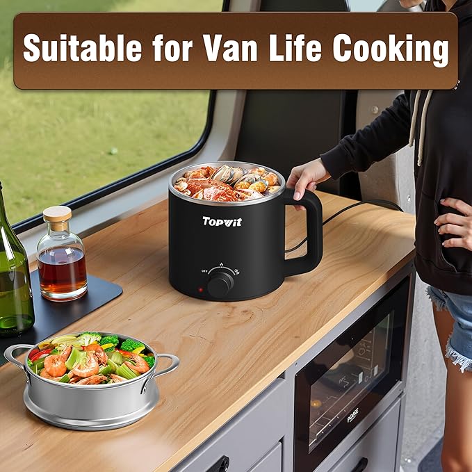 Topwit Hot Pot Electric with Steamer, 1.6L Ramen Cooker, Electric Pot for Pasta, Shabu-Shabu, Oatmeal, Soup and Egg, Portable Cooker with Dual Power Control, Dorm Room Essentials, Black