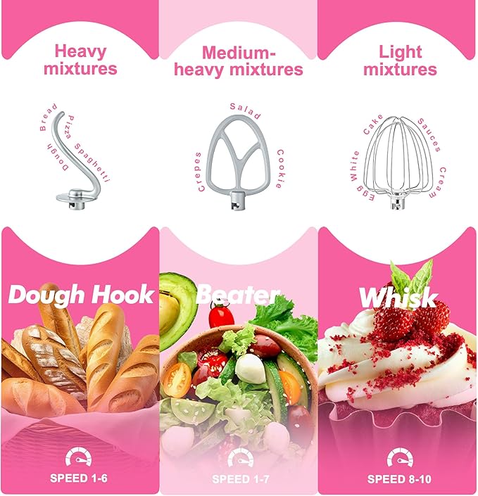 Kitchen in the box Stand Mixer, 4.5QT+5QT Two bowls Electric Food Mixer, 10 Speeds 3-IN-1 Kitchen Mixer for Daily Use with Egg Whisk,Dough Hook,Flat Beater (Neon Pink, 5QT)