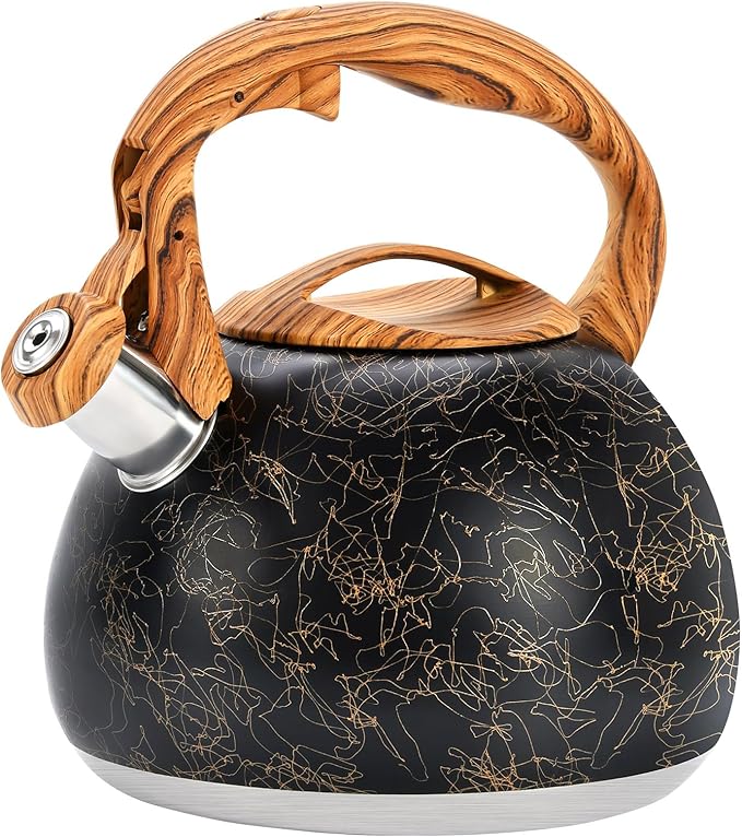 GGC Tea Kettle for Stove Top, Loud Whistling Kettle for Boiling Water Coffee or Milk, 3.1 Quart Stainless Steel Art Line Black Kettle with Wood Pattern Handle, Unique Button Control Kettle Outlet