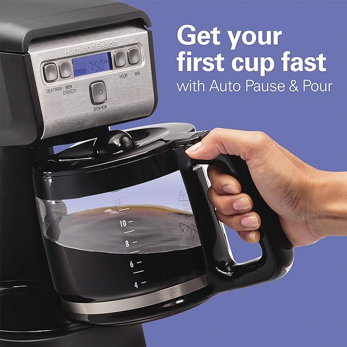 Hamiton Beach 12 Cup Compact Programmable Drip Coffee Maker with No-Drip Burosilicate Glass Carafe, 2-Hour Auto Shutoff, Space-Saving Design, Black with Stainless Steel Accents (46200)