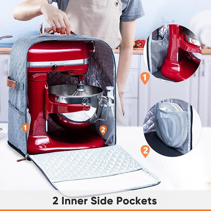BAGSPRITE Stand Mixer Cover with Appliance Sliders Base Compatible with KitchenAid Mixer-Storage Bag for 4.5/5 Quart with Pockets for Kitchen Aid Accessories and Attachments
