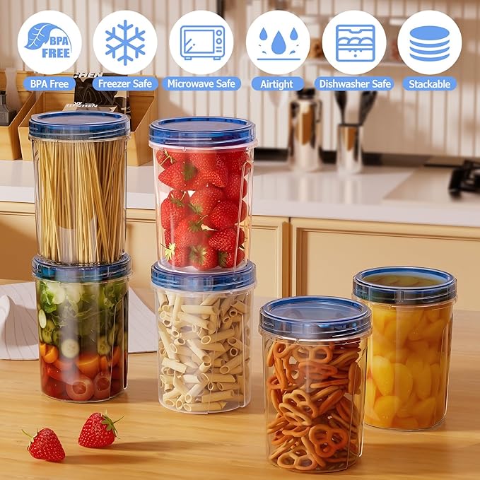 6 Pack-32 OZ Freezer Storage Containers, Round Plastic Containers with Twist Top Lids, BPA Free Food Storage Containers, Leakproof Meal Prep Containers Microwave/Dishwasher Safe