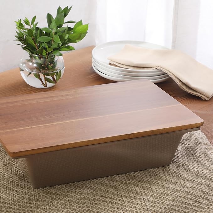 Gibson Elite 2.75-Quart 13.5" x 8.5" Stoneware Baking Dish with Acacia Wood Lid – Taupe Rectangular Oven Safe Baker for Casseroles, Roasting & Serving